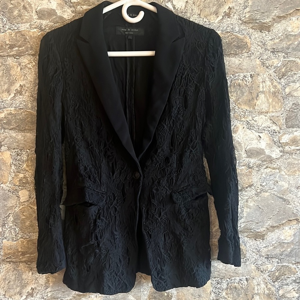 Rag & bone black distressed silk & lace blazer